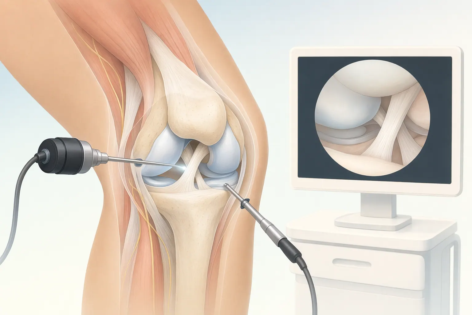 Anatomical illustration of an arthroscopic joint procedure showing the arthroscope and micro-instruments inserted through small portal incisions