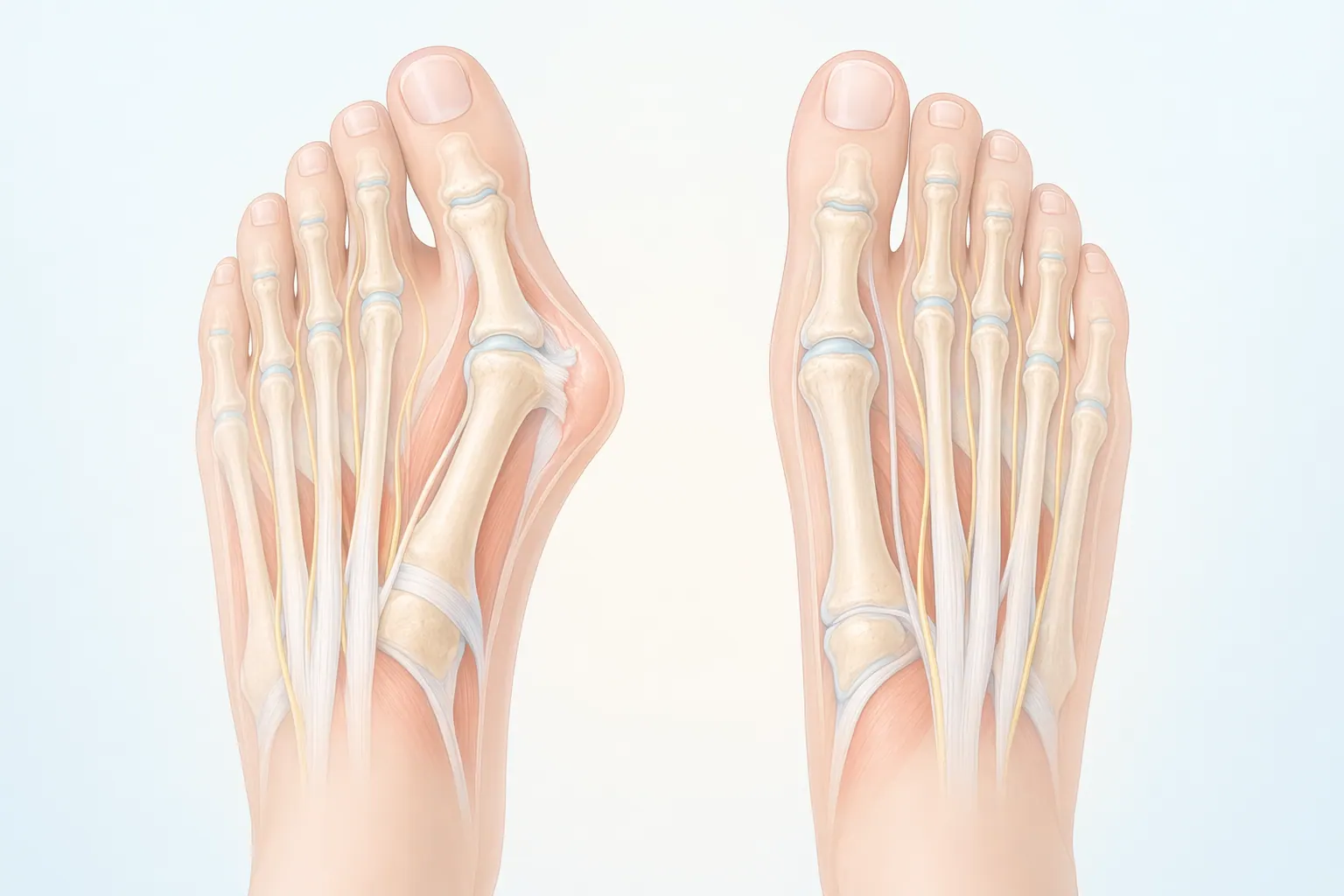 Illustration of a bunion correction showing the deformity before and the realigned bone after