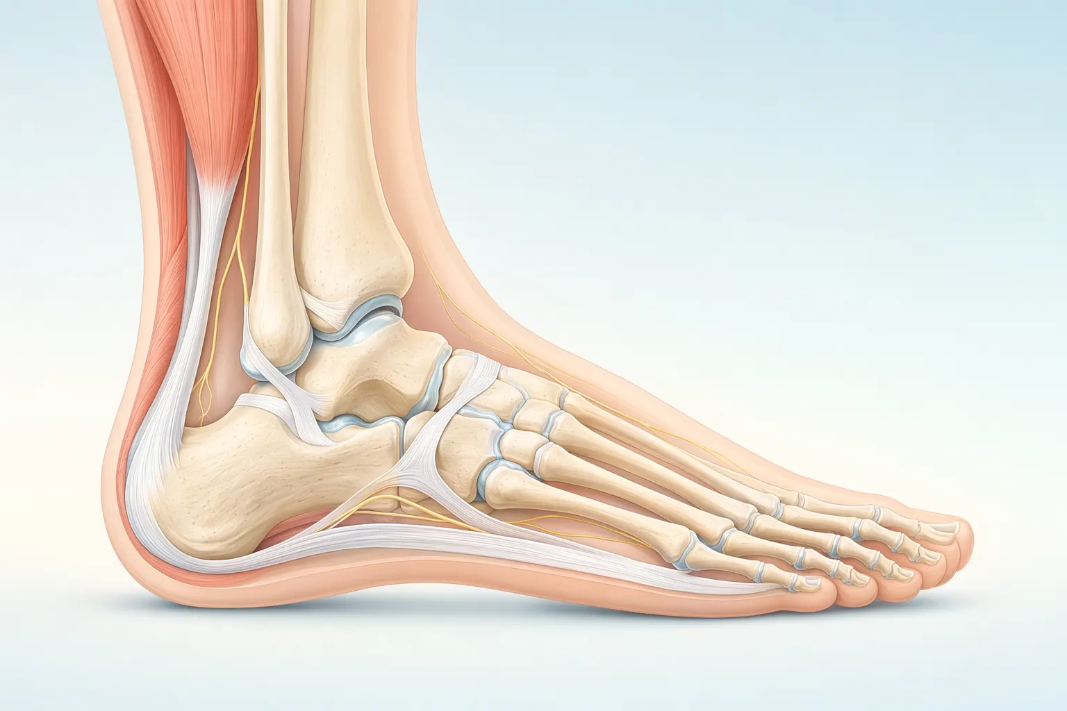 Anatomical illustration of the foot and ankle showing tarsals, metatarsals, the Achilles tendon, and plantar fascia