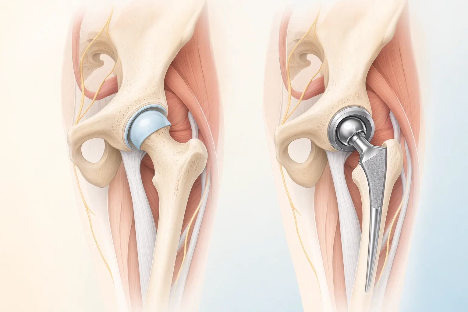 Anatomical illustration of a joint replacement showing artificial components