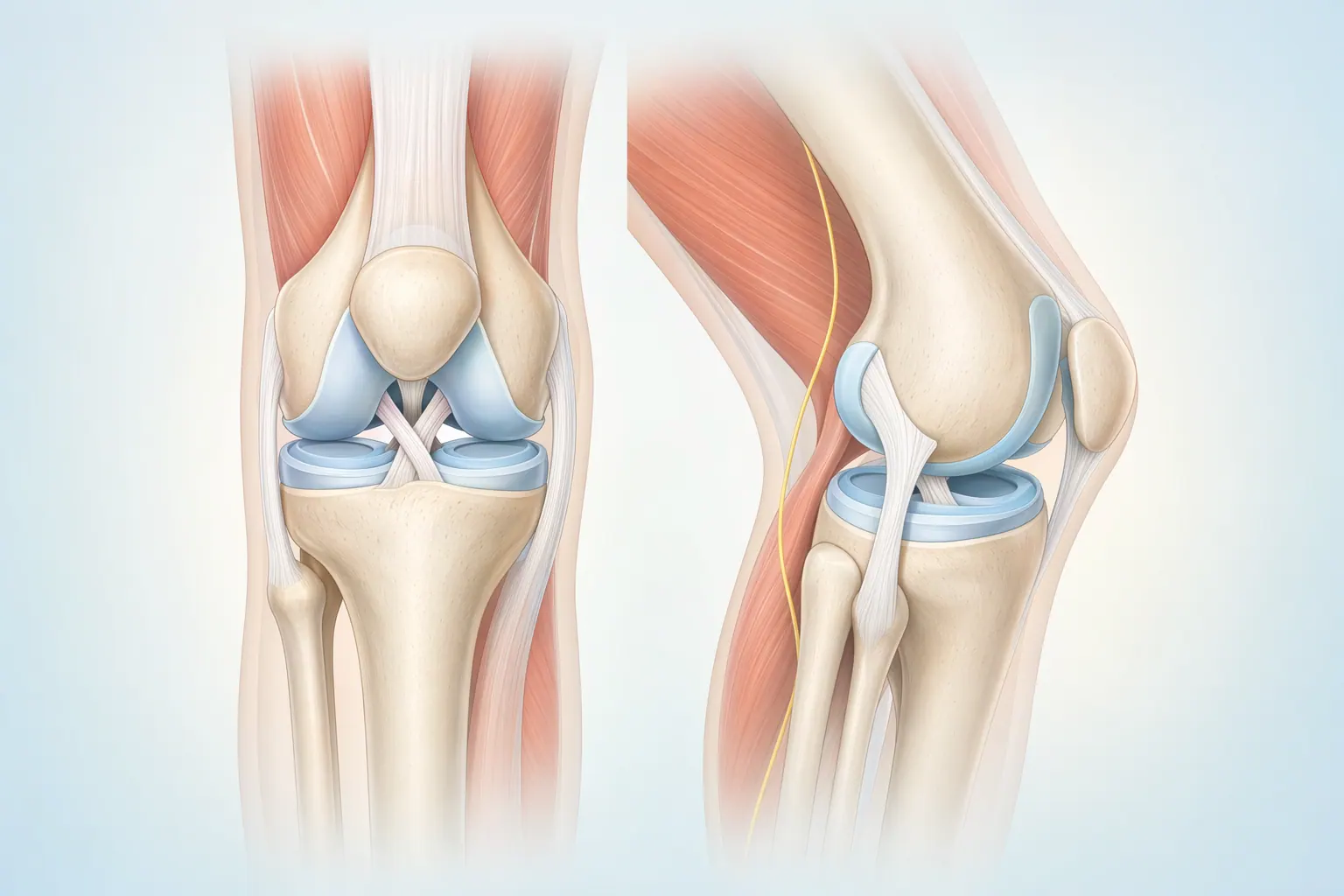 Anatomical illustration of a joint showing cartilage, ligaments, and surrounding muscle