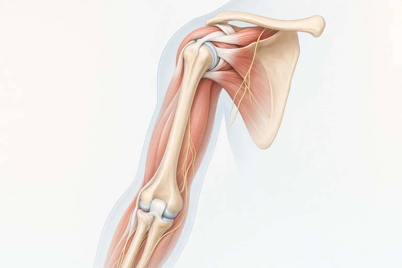 Anatomical illustration of the rotator cuff showing the supraspinatus, infraspinatus, teres minor, and subscapularis tendons wrapping around the humeral head