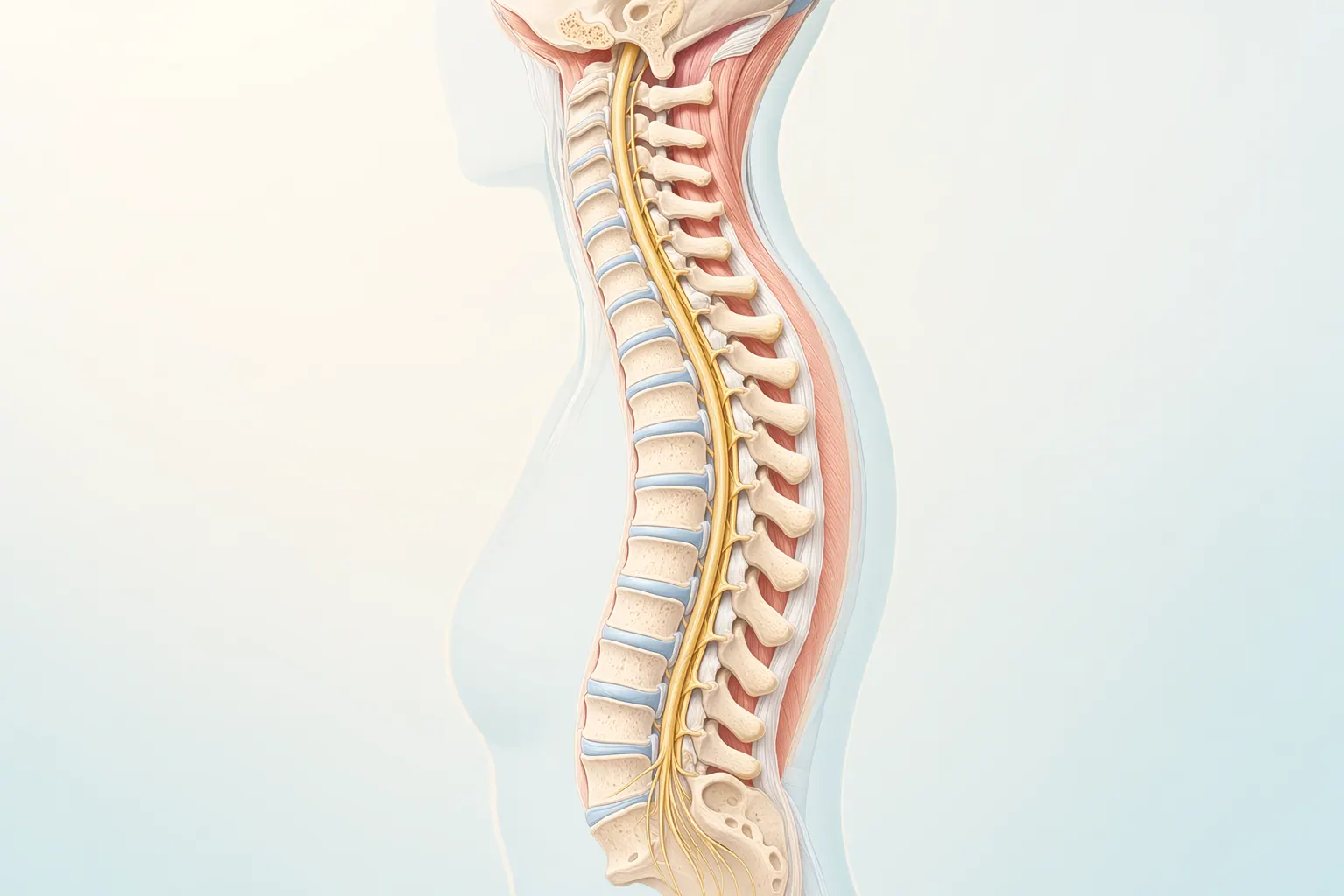 Anatomical illustration of the lumbar spine, sciatic nerve roots, and disc herniation pressing on a nerve